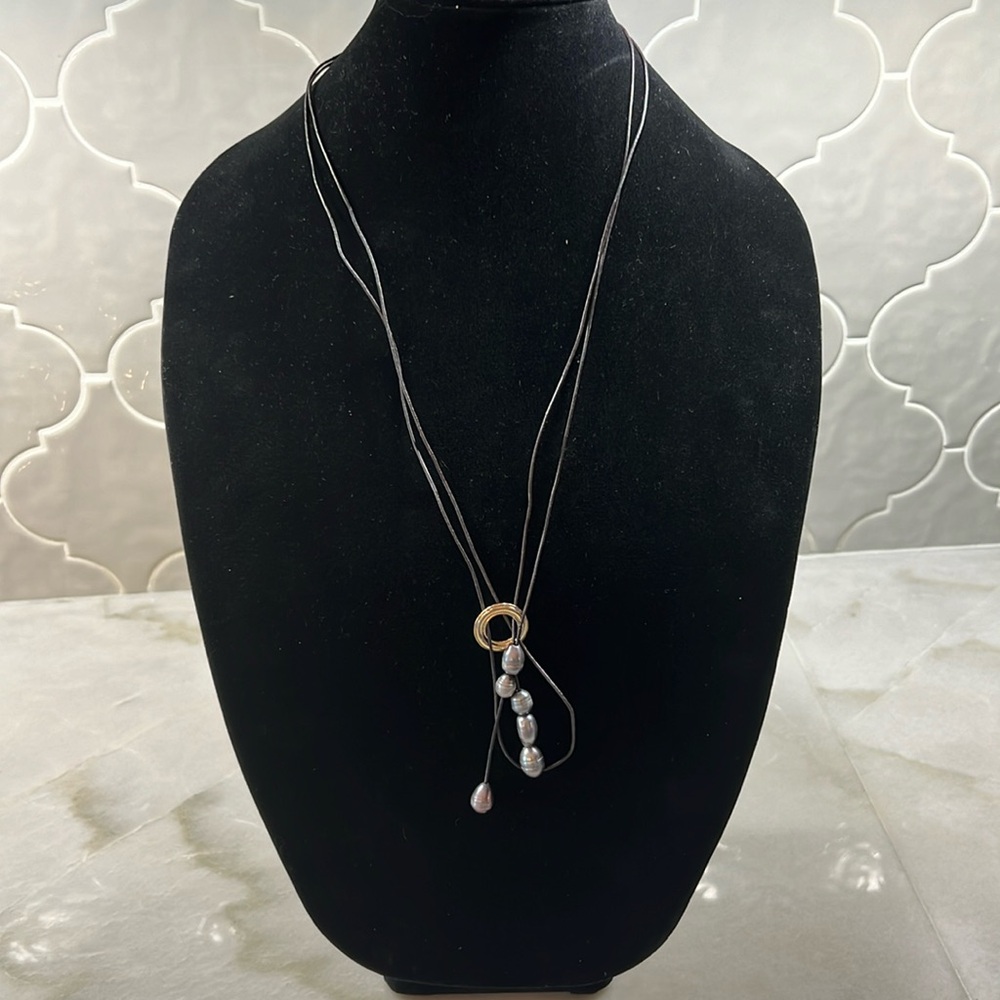 Grey Pearls adjustable Leather Necklace.  Costume Jewelry.  32 inches long